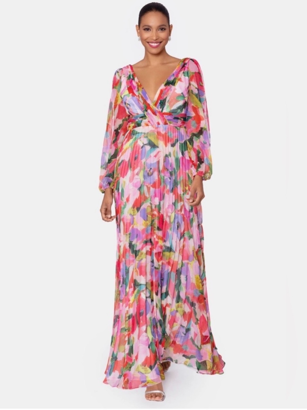Betsy & Adam Multicolor Floral Pleated V‑Neck Maxi Dress